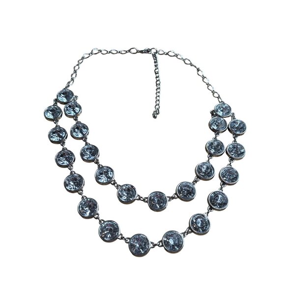 Silvertone Double Strand Necklace Clear Rhinestones Chunky Statement 20-23 inch - Picture 1 of 4